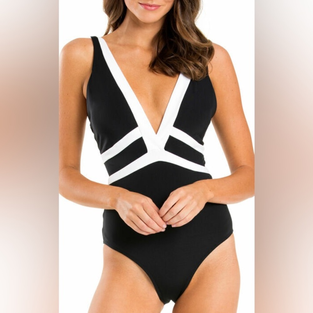JETS Classique Plunge One-Piece Swimsuit Women’s US 10 Black White